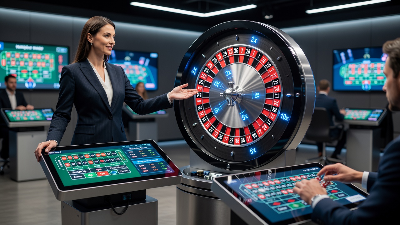 Detailansicht eines Live-Roulette-Tisches mit Multiplikator-Anzeige und Wettchips auf verschiedenen Feldern