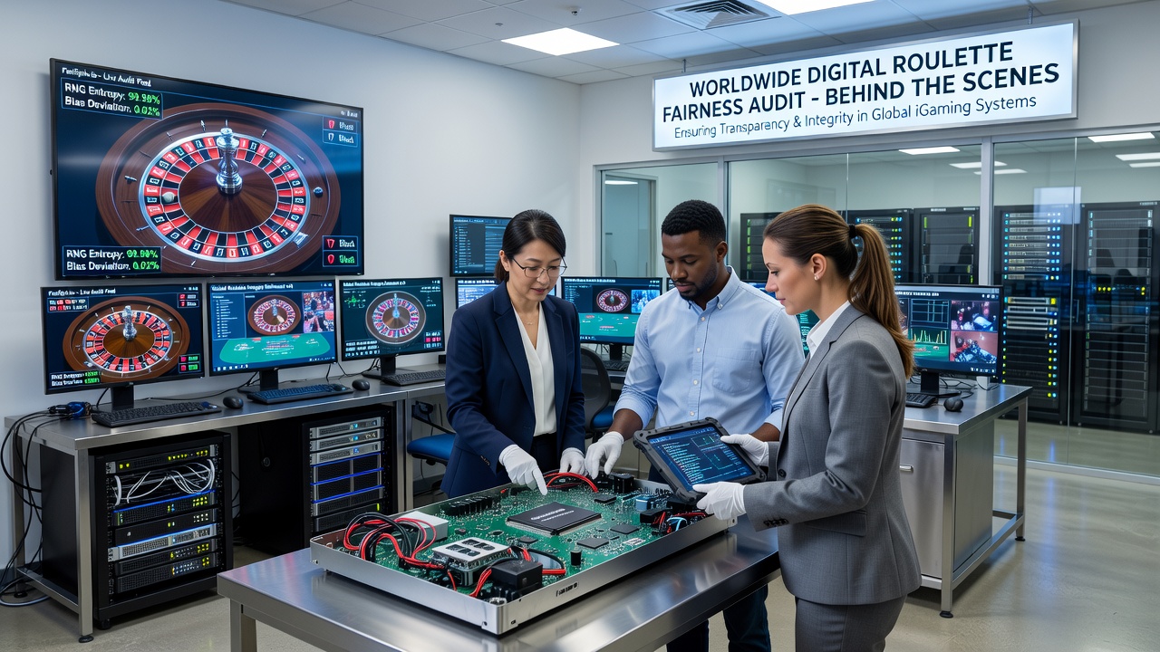 Auditoren analysieren RNG-Daten auf mehreren Monitoren während eines Fairness-Tests