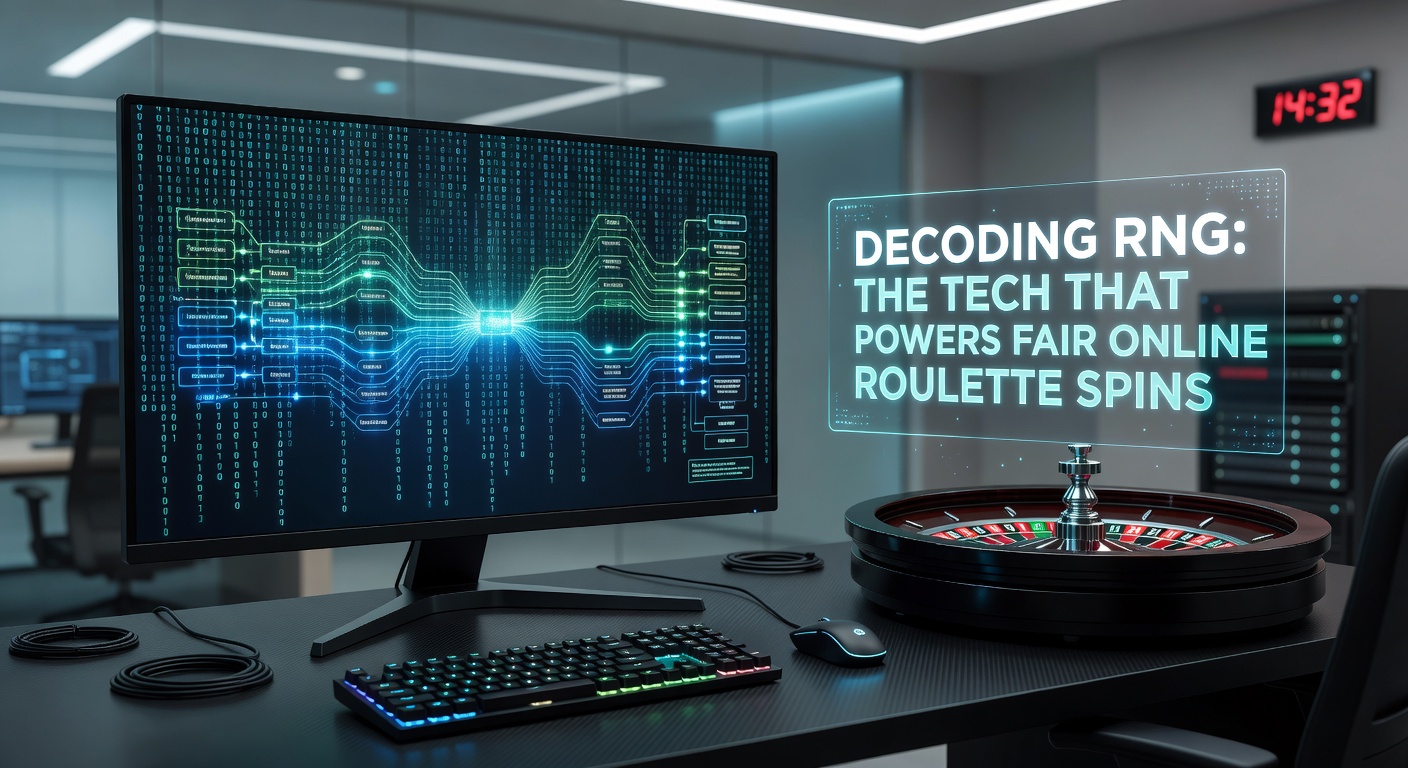 Detaillierte Visualisierung eines RNG-Algorithmus mit Datenströmen, Zertifikats-Symbolen und einem virtuellen Roulette-Rad, das Fairness und Technologie betont